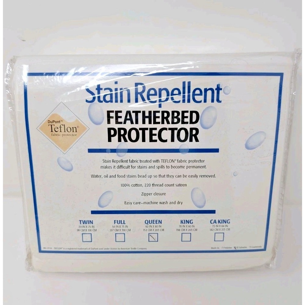 Teflon Stain Repellent Featherbed Protector Queen Cotton Sateen 220 tc NOS READ